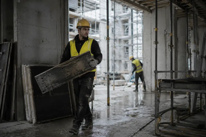 Bauhelfer mit Helm und Warnweste trägt Schalungsmaterial auf einer Rohbau-Baustelle