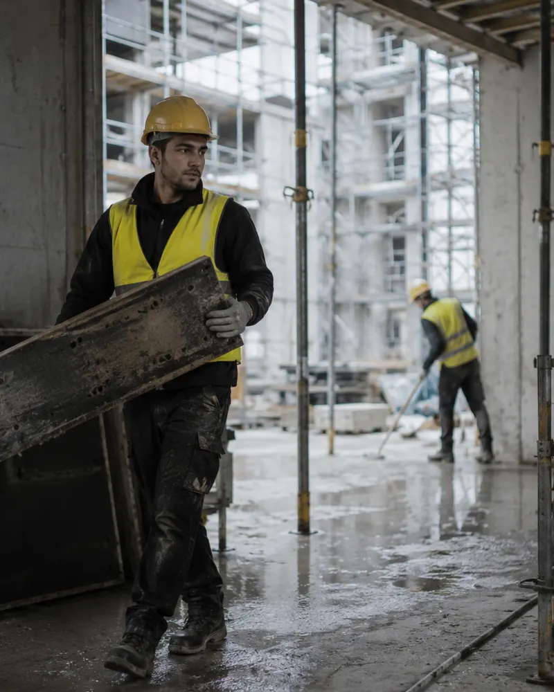 Bauhelfer mit Helm und Warnweste trägt Schalungsmaterial auf einer Rohbau-Baustelle