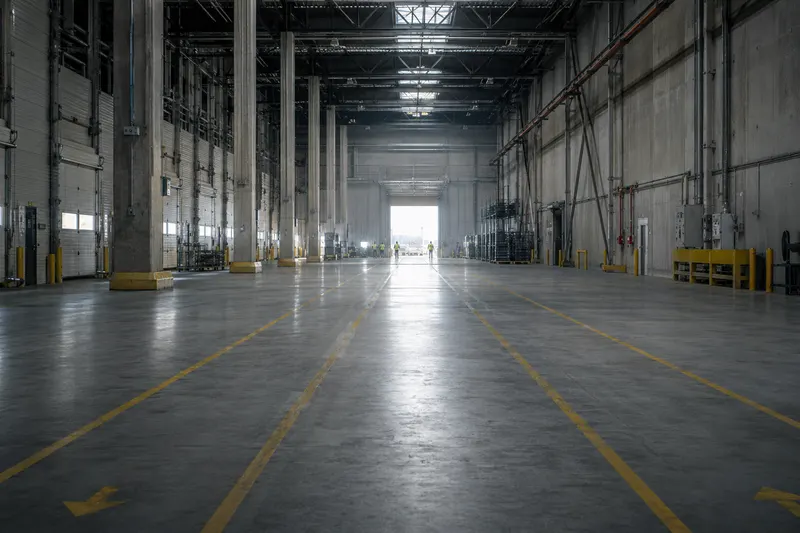 Weite Logistikhalle mit gelben Bodenmarkierungen und Gegenlicht am Hallentor