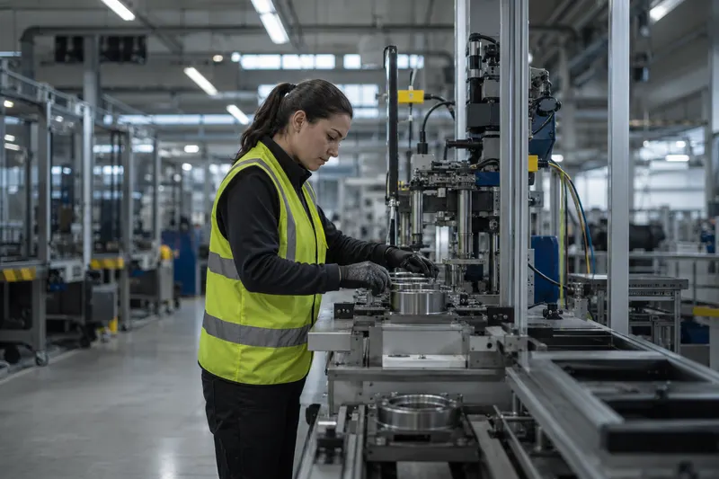 Arbeiterin in Warnweste bedient eine Station an einer Produktionslinie