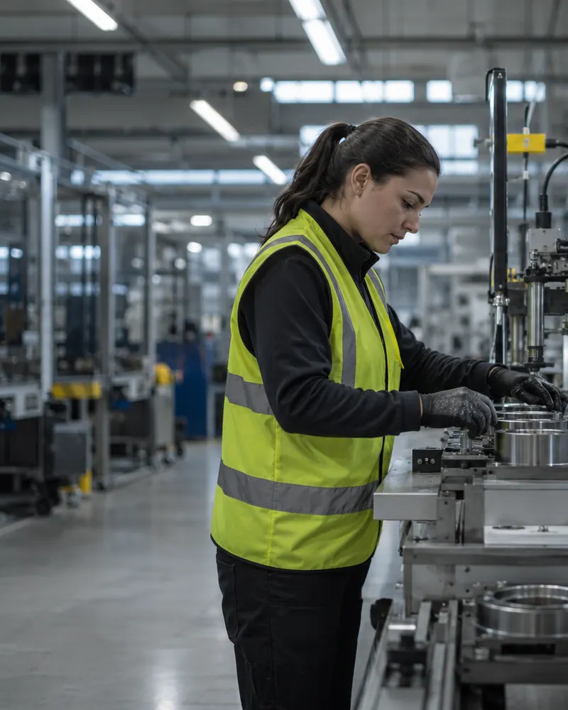 Arbeiterin in Warnweste bedient eine Station an einer Produktionslinie