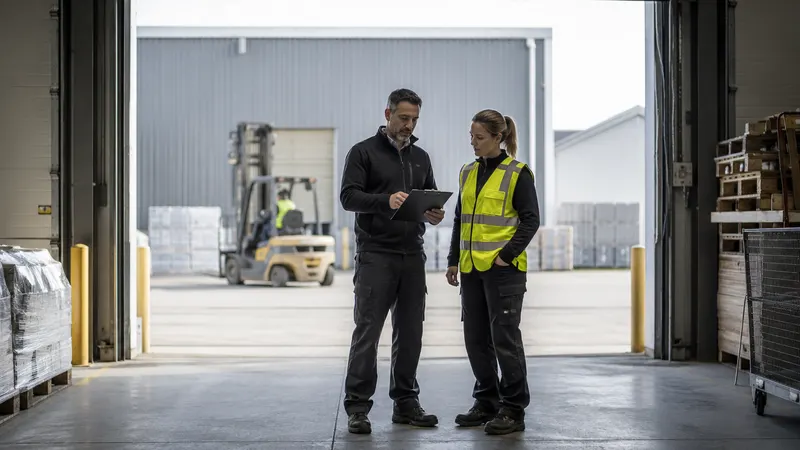 Zwei Personen besprechen die Schichtplanung am Tor einer Logistikhalle