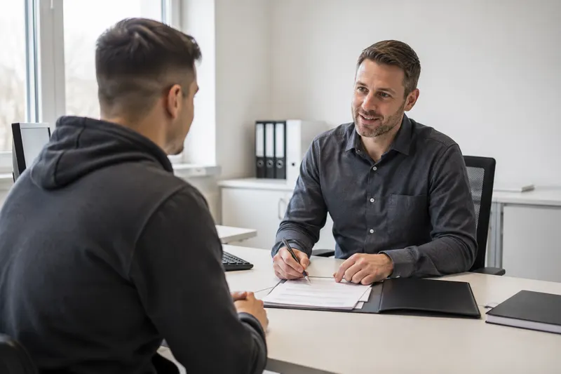Beratungsgespräch über Unterlagen an einem Tisch in einem hellen Büro